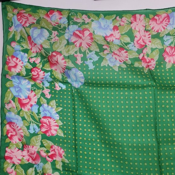Vintage Silk Scarf Square Green Pink Floral Polka Dot 29"  Hand Rolled - Picture 2 of 10